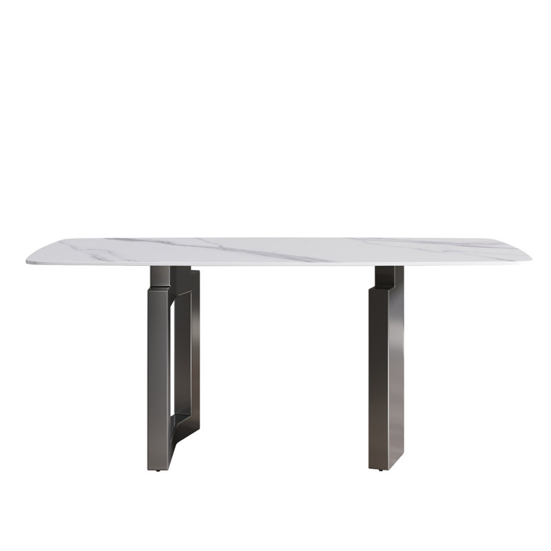 Table de salle à manger rectangulaire en pierre frittée blanche 71,78 po, structure en métal, pouvant accueillir de 6 à 8 personnes