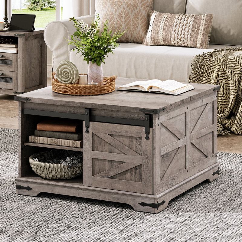 Gray Square Lift-Top Farmhouse Coffee Table with Storage