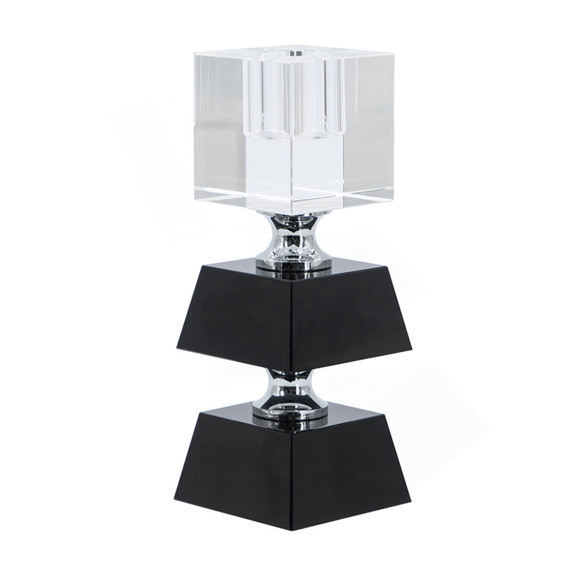 2.4X2.4X5.9" Black And Clear Two Tiered Square Candle Holder