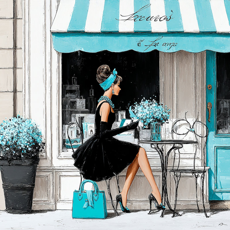«Chic Woman at Paris Café with Blue Accents», art mural sur toile tendue