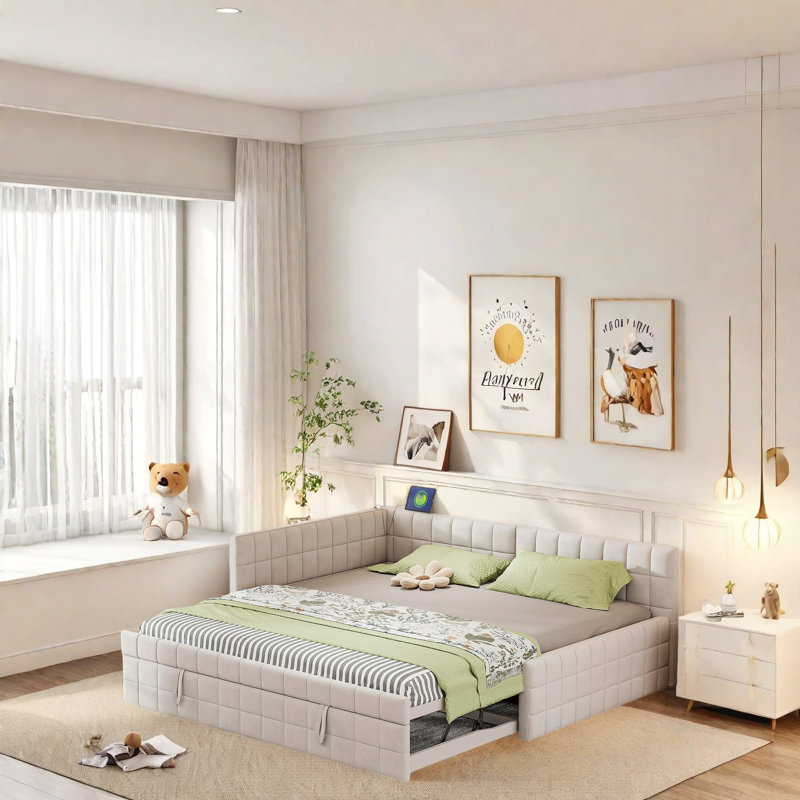 Lit tapissier en L moderne avec lit gigogne escamotable, ports de charge USB, dossier rembourré carré, lit plateforme double avec lit gigogne simple pour chambre d'amis, chambre à coucher