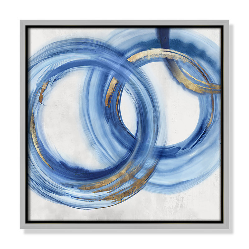 «Blue Cosmic Cascade I» par Emma Peal, Toile argentée avec cadre flottant, Pas de tapis, H 13,5 po x l 13,5 po x P 2 po
