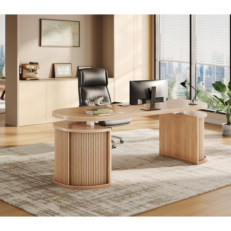 57" Office Desk Electric Height Adjustable Executive Desk Standing Desk with Storage, Light Oak