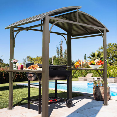 Fabrication d'un auvent de toit en arc 8 x 5 pi - Toit en acier galvanisé double, 2 tablettes latérales, abri de jardin pour patio, jardin extérieur de style brun,