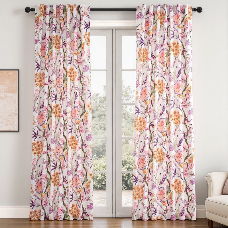 Ensemble de 2 rideaux à motif floral Mid Century, L 52 po x L 96 po, Rose