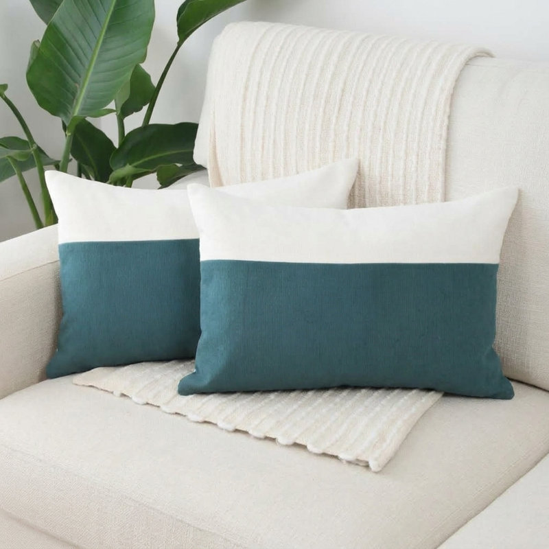 Ensemble de 2 housses de coussin texturées à rayures turquoise et blanches de style bohème, Bleu / blanc