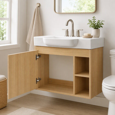 Wall-Mounted Bathroom Vanity With White Ceramic Sink & Soft-Close Door