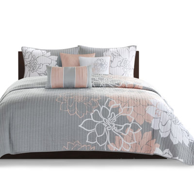 Courtepointe 6 pièces, gris / pêche, double / grand, coton imprimé, chaleur réversible, 3 coussins élégants, coussin décoratif pour la literie
