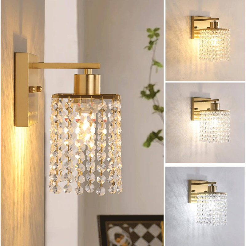 Modern Crystal Wall Sconce With Adjustable Corn Light, Clear Crystal Drops Shade & Base For Bedroom, Bathroom, Gold