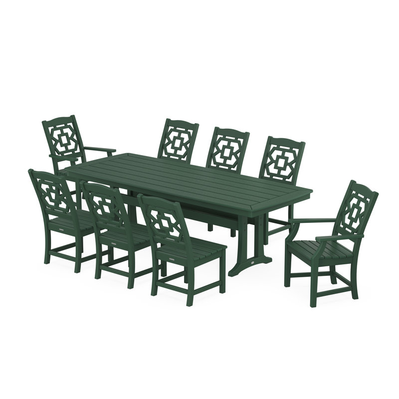 Ensemble repas 9 pièces Martha Stewart par POLYWOOD Chinoiserie avec pieds en tréteaux, Vert