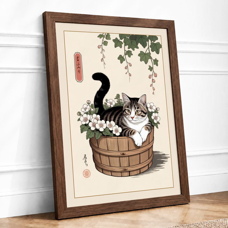 Cat in Bloom Japandi - Framed Print, A2 - 59.4 x 42.0 cm, Walnut