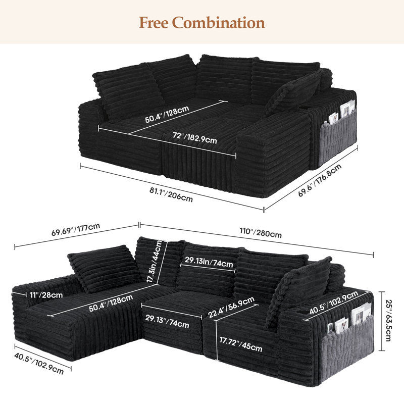 Très grand canapé rembourré en velours côtelé de 114 po avec station de charge et porte-gobelets, ensemble de compression, canapé moderne à 3 places pour le salon, noir / gris foncé