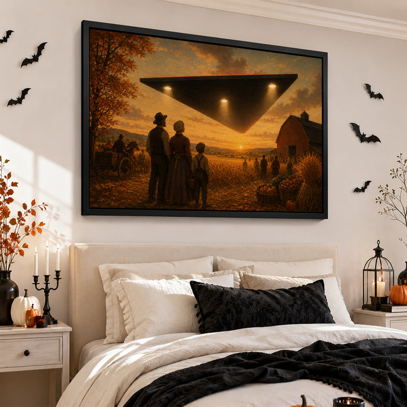 Les agriculteurs observent un OVNI triangulaire au-dessus d'une grange à l'occasion de l'Halloween (tableau sur toile)
