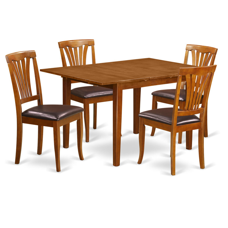 5 Piece Kitchen Table & Chairs Set Includes a Rectangle Dining Room Table with Butterfly Leaf and 4 Faux Leather Chairs, Saddle Brown