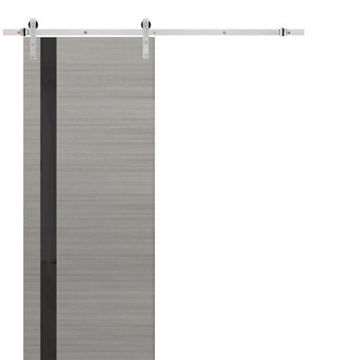 Porte de grange en verre et en bois massif Planum avec trousse de quincaillerie d'installation Planum
