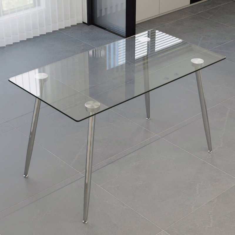 Table de salle à manger en verre, table de salle à manger rectangulaire moderne avec plateau en verre trempé et pieds en métal argenté