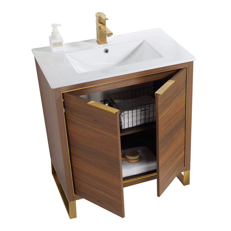 30'' Single Bathroom Vanity Set, Satin Brass, Walnut