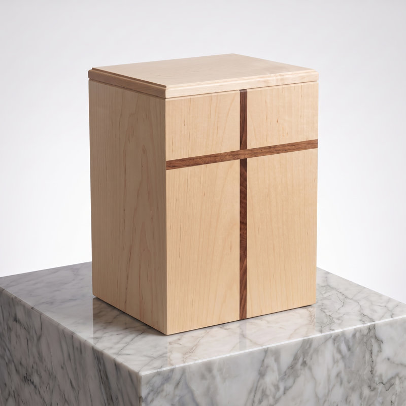 Urne funéraire en bois d'érable massif pour cendres humaines (homme et femme), fabriquée à la main aux États-Unis avec incrustation en noyer et base plate moderne.