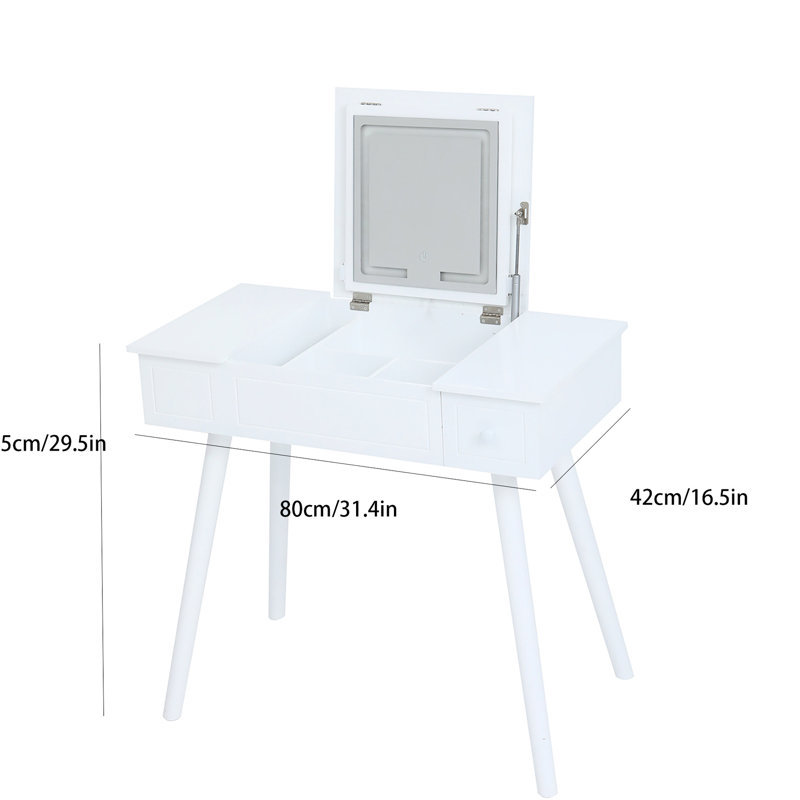 Bureau de meuble-lavabo à DEL avec tiroirs et armoire en bois blanc laiteux, table de maquillage pour la chambre à coucher et la salle de bain, 3 choix d'éclairage, couvercle robuste à structure robuste