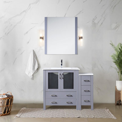 Gris foncé 42 po Meuble-lavabo large, armoire latérale, comptoir en céramique blanche, miroir 28, fermeture en douceur, 5 tiroirs et 1 unité intérieure, meuble-lavabo Scratch W, fonctionnalité, cinq et un