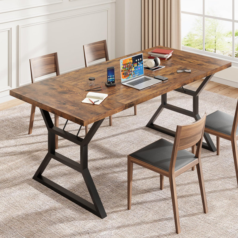 70.9''Farmhouse Dining Table for 6-8, Large Rectangular Table – Sturdy Black Iron Legs – Mark-Resistant Wood Top – Vintage Brown and Black Iron Finish