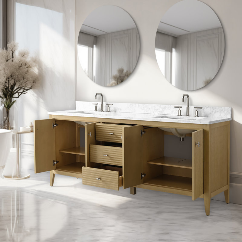 Ensemble de meuble-lavabo autoportant à double cuve 72 po avec plateau en marbre Lavallon, Nickel brossé