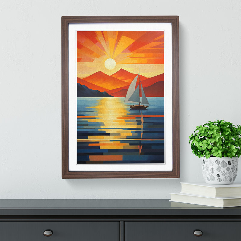 Seascape Art Deco - Single Picture Frame Print on Wood, 64cm H x 46cm W x 2cm D, Walnut
