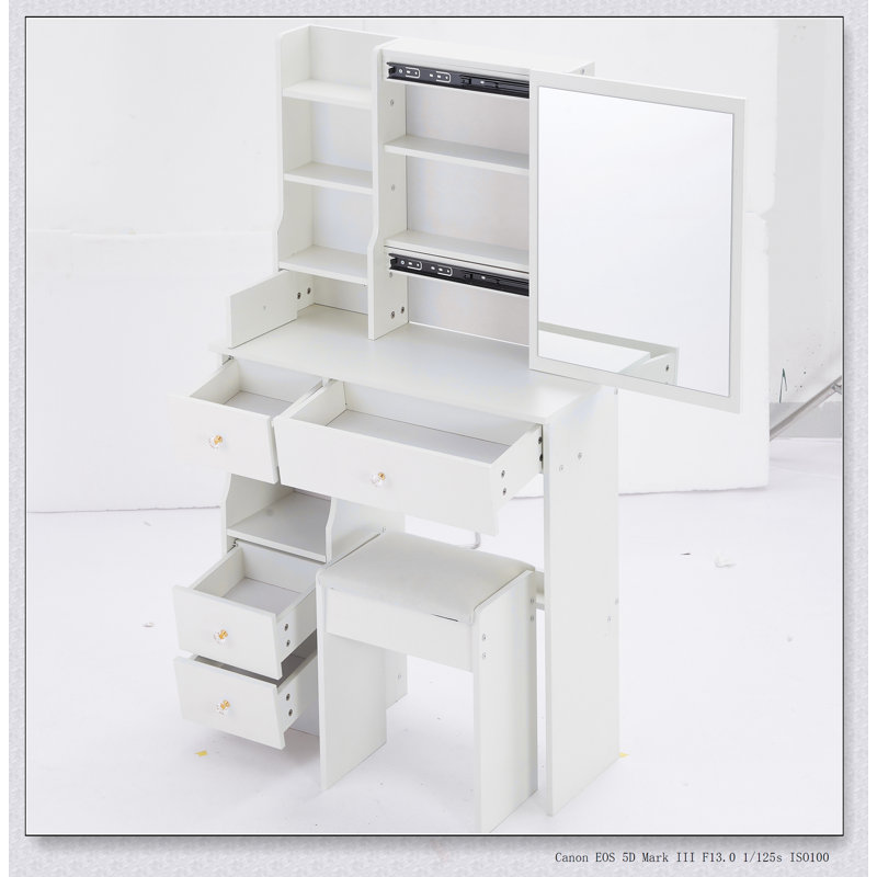Compact Vanity Table With Large Sliding Mirror, Multi-Layer Storage, And Padded Stool For Small Spaces