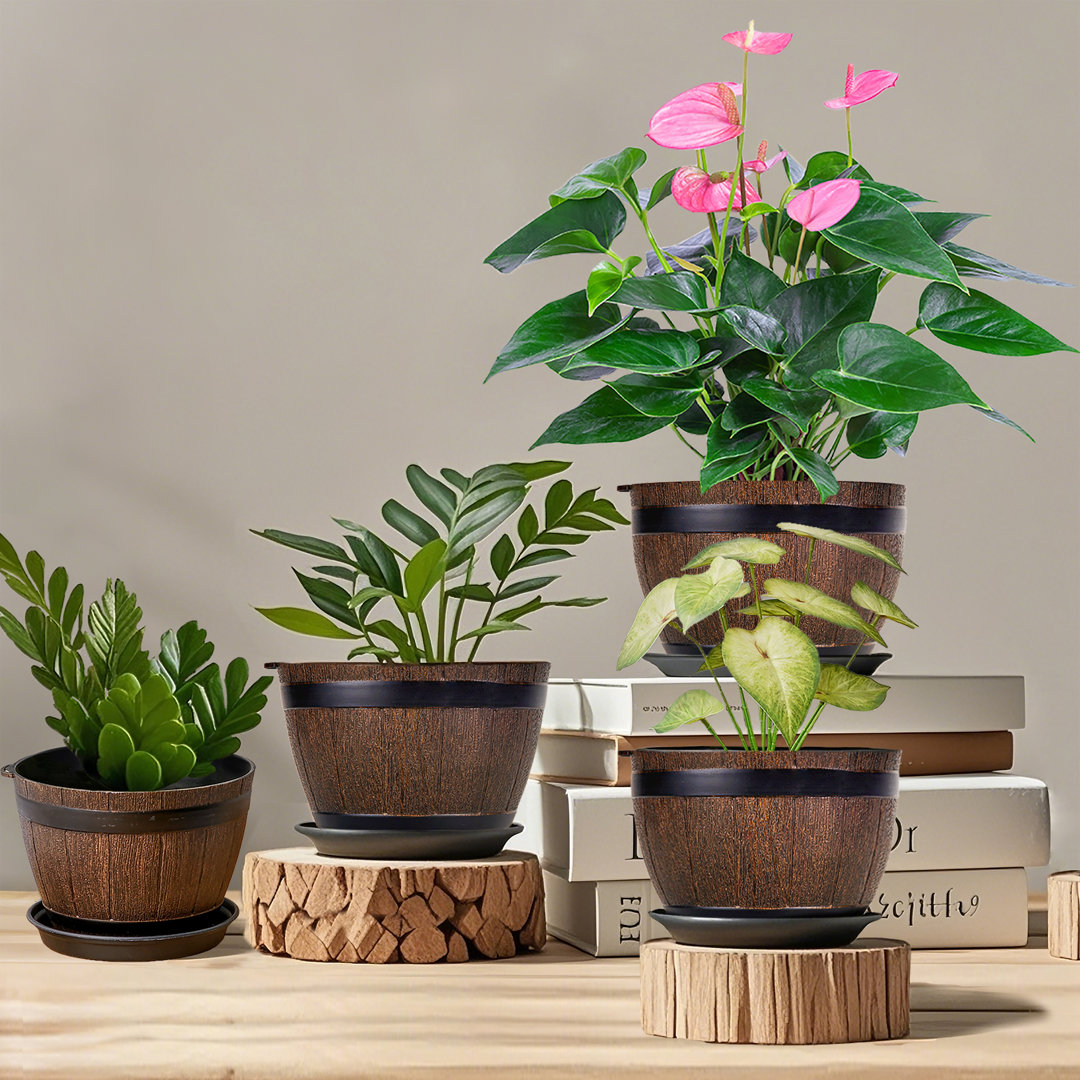 Plant Pots 4 Pack 7 Inch Whiskey Barrel Planters Pots With Drainage Holes And Tray For Indoor And Outdoor Garden Home Plants (Set of 4) Millwood Pines