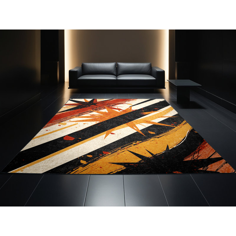 Machine Washable Bemott Bold & Eclectic Modern Starburst Rug in Brown – Black Binding, 7' Round