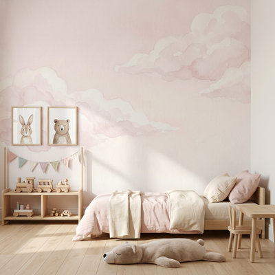 Papier peint aquarelle avec nuages décoratifs pastel rose ciel doux
