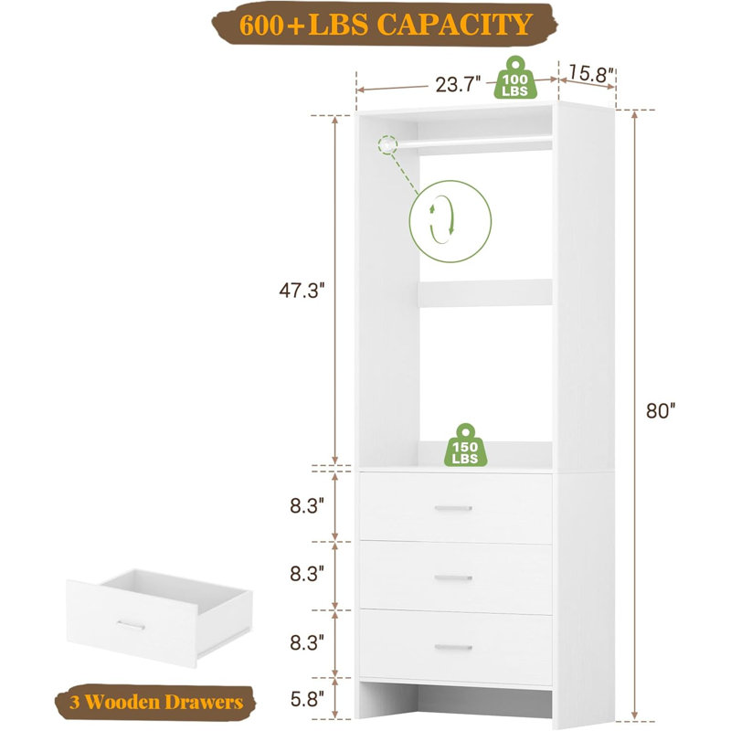 24'' W Closet System with Wooden Drawers, White