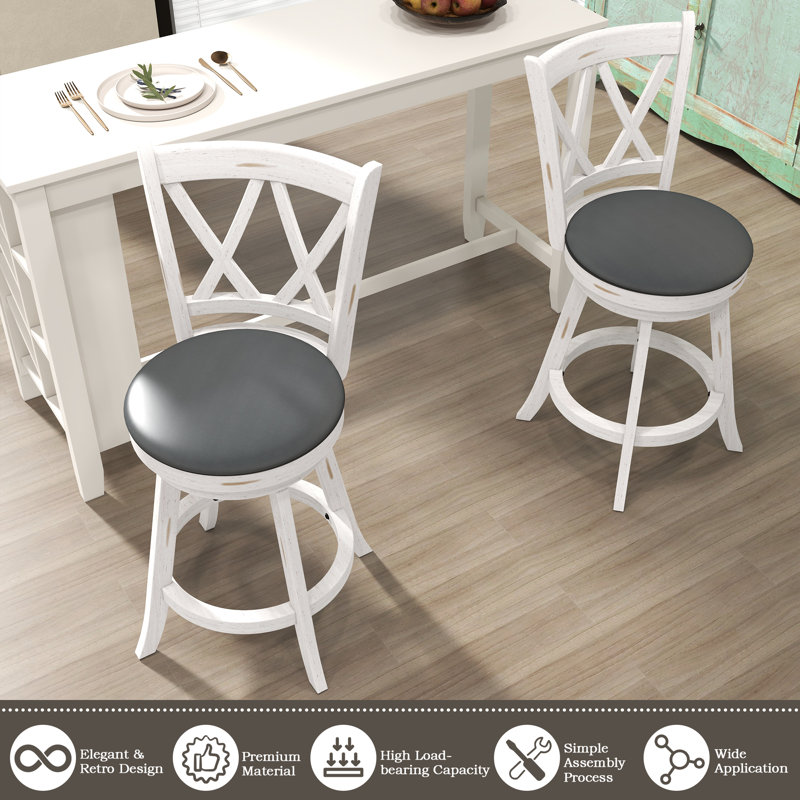 White Swivel Counter Stools with Faux Leather Seats, Set of 2