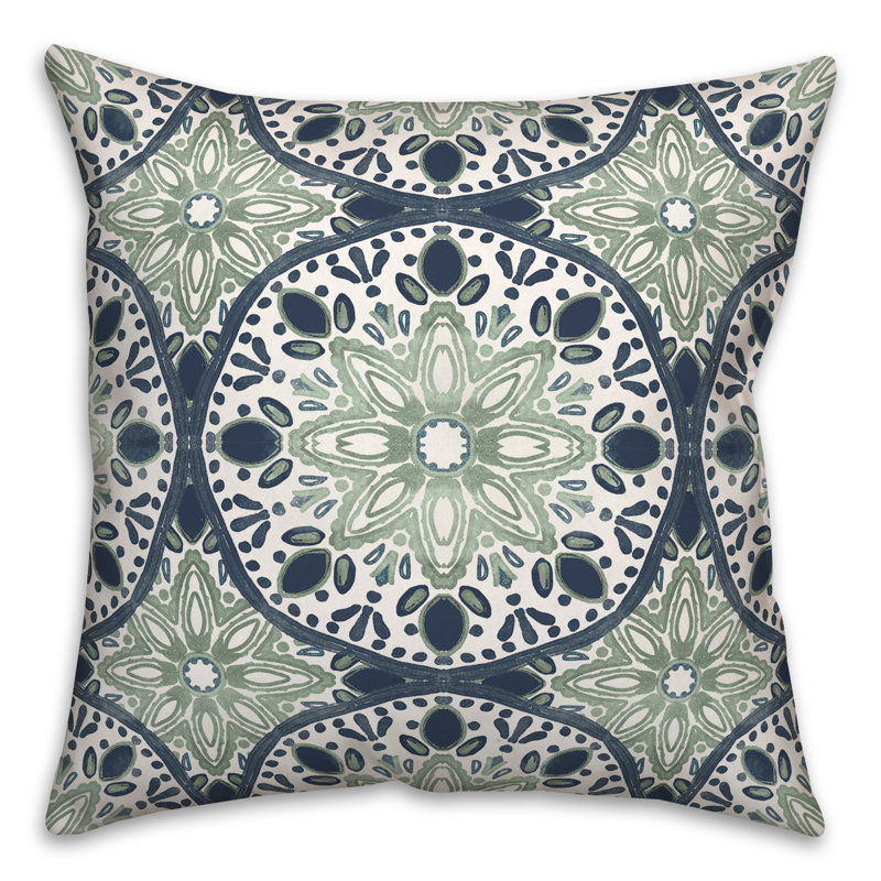 Sage and Blue Medallion Water-Resistant Square Throw Pillow