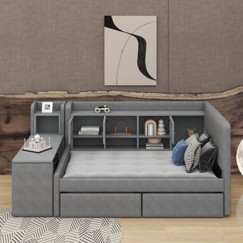 Lit de jour simple tapissier avec tiroirs, Gris