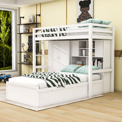 4 Drawers Twin Over Twin Bunk Bed With Wardrobe, Shelves And Hydraulic Storage