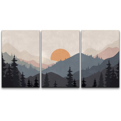 Sun Mountain Landscape "Tranquil Orange Sunset Layered Hills Artwork, Modern Abstract Cabin Wall Pictures, Framed Canvas Giclée Print 3 Pieces Wall Art" 16"x24"x3 pcs, 24"x36"x3 pcs