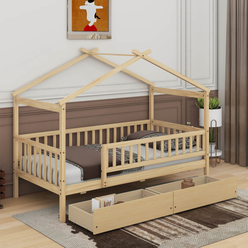 Lit double en bois avec tiroirs, Naturel