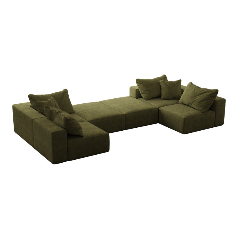 Ciriaca Boneless L Shaped Chenille Upholstered Sectional Sofa with 6 Pillows, Light Green Chenille