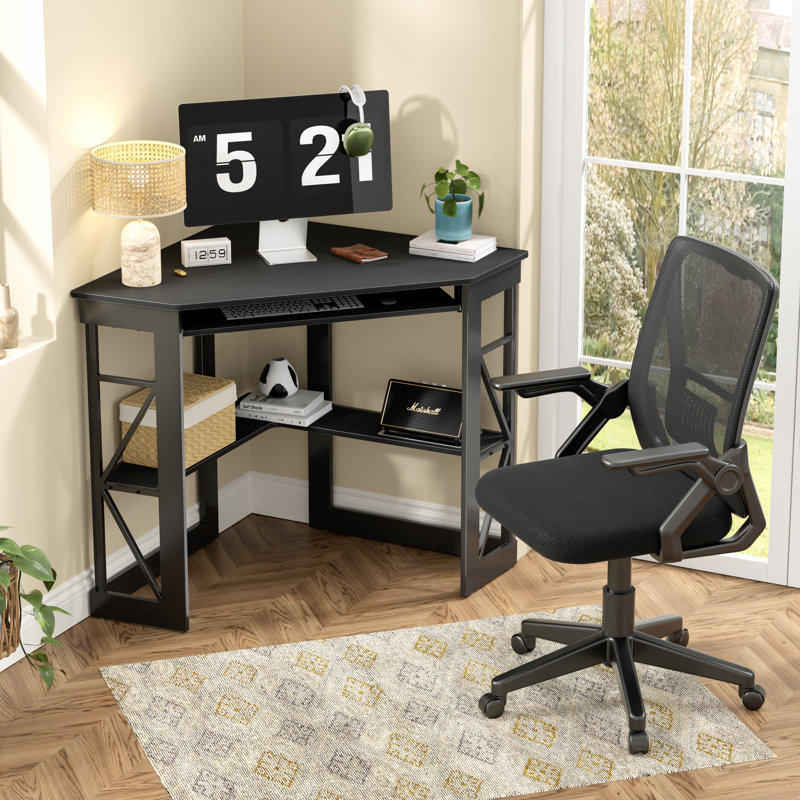 2-Piece Corner Computer Desk And Ergonomic Mesh Office Chair Set, L-Shaped Home Office Workstation With Storage Shelves And Adjustable Swivel Task Chair With Wheels, Space-Saving Study Writing Desk For Bedroom, Gaming, Small Office