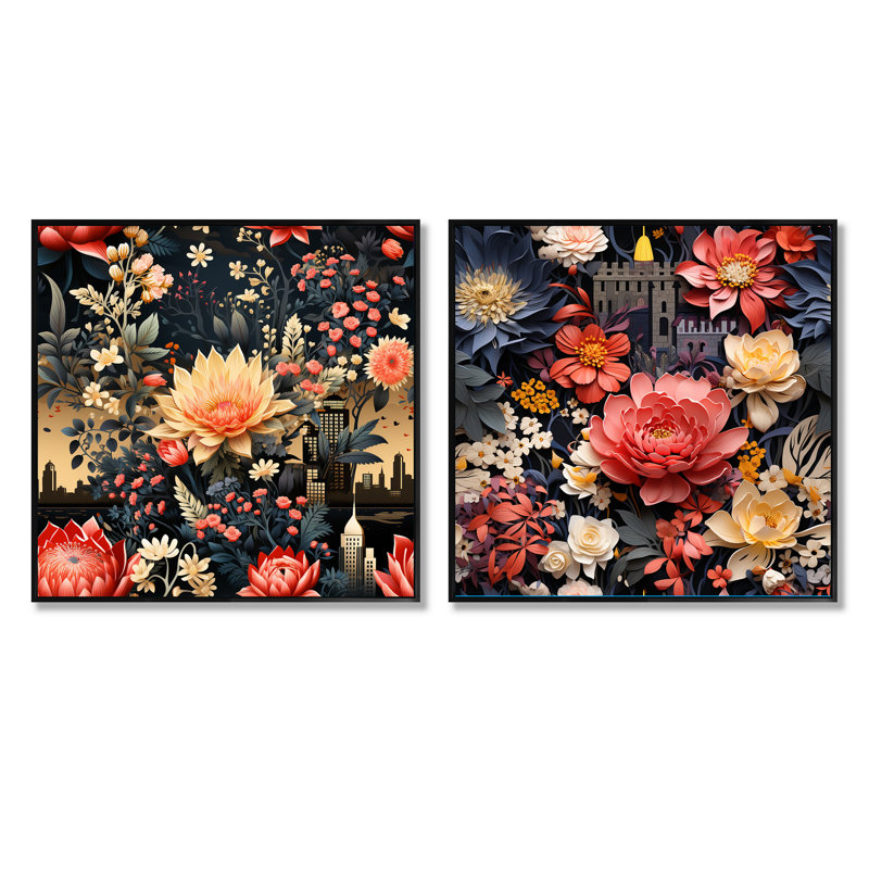 Ensemble de 2 collages carrés floraux Sara, Cadre flottant noir, H 30 po x l 61 po