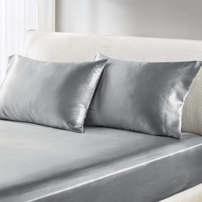 4 draps en satin gris luxueux - froissé, texture lisse, 1 drap plat, housse de coussin à bout ouvert de l 39 po x L 75 po + P 14 po pour éviter les cassures de cheveux,