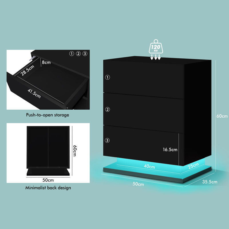 50cm W Manufactured Wood Bedside Table, Black