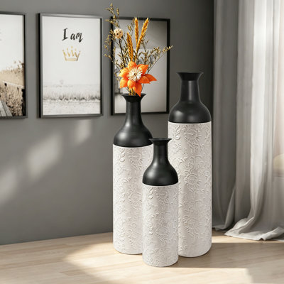 Ensemble de 3 vases décoratifs en métal, vases de sol à motif de feuilles blanches, grands vases blancs et noirs pour la décoration intérieure, décoration de salon d'entrée