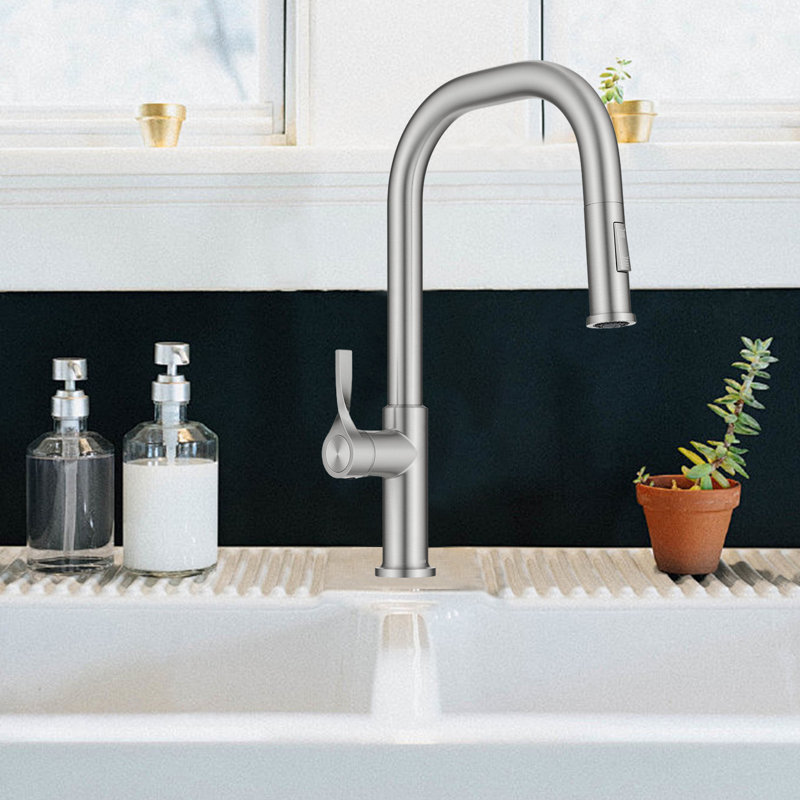 Pull-Down Kitchen Faucet With A 2-Function Sprayer, Pre-Installed Water Line And Installation Hardware, Stainless Steel