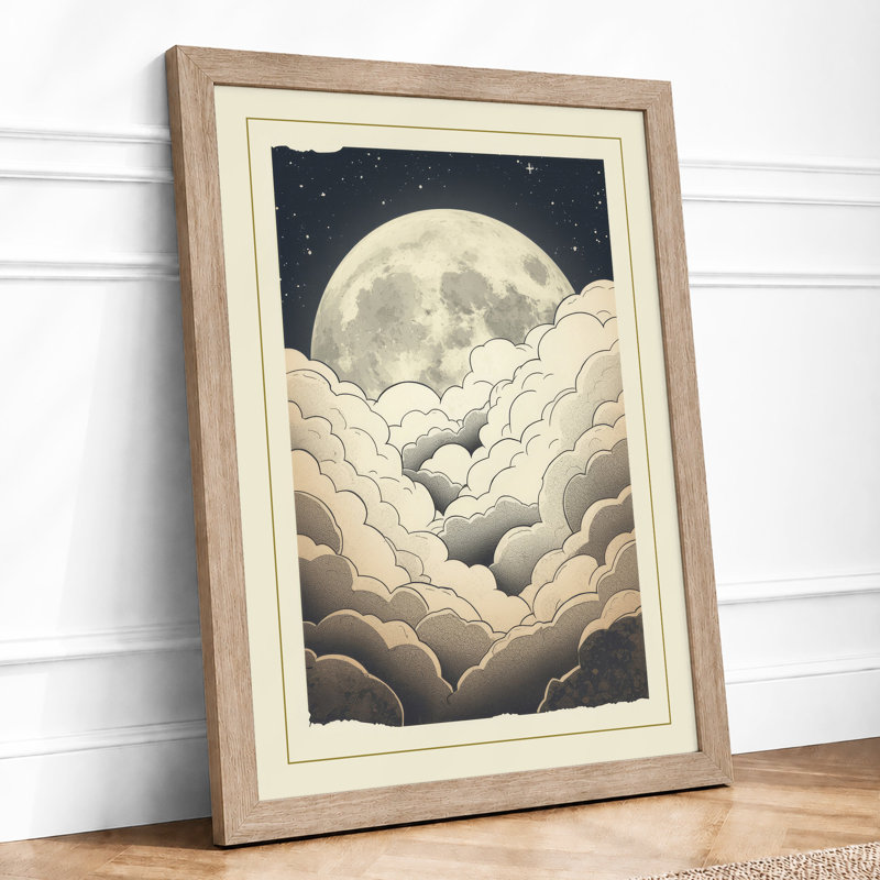Moon Above Clouds Scandinavian - Framed Print, A2 - 59.4 x 42.0 cm, Oak
