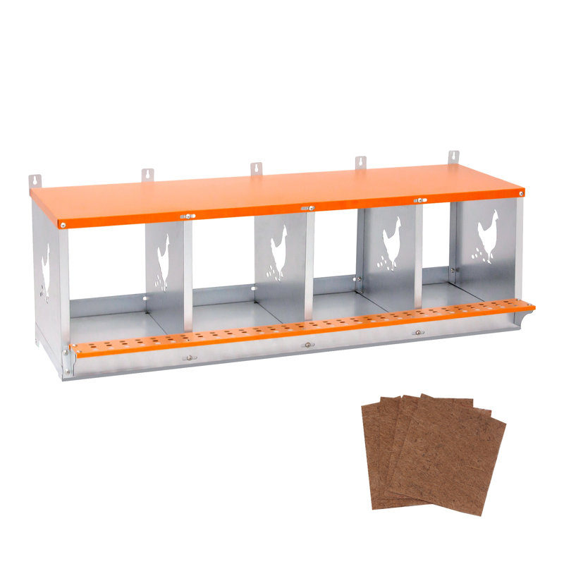 Boîte de nidification murale à 4 baies en acier galvanisé pour poulets - poulailler en métal durable avec coussinets en fibre de noix de coco et collection Easy Egg