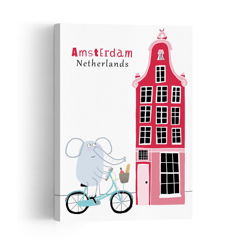 Éléphant à vélo Amsterdam Art mural abstrait et fantaisiste contemporain représentant un éléphant et représentant l'architecture urbaine