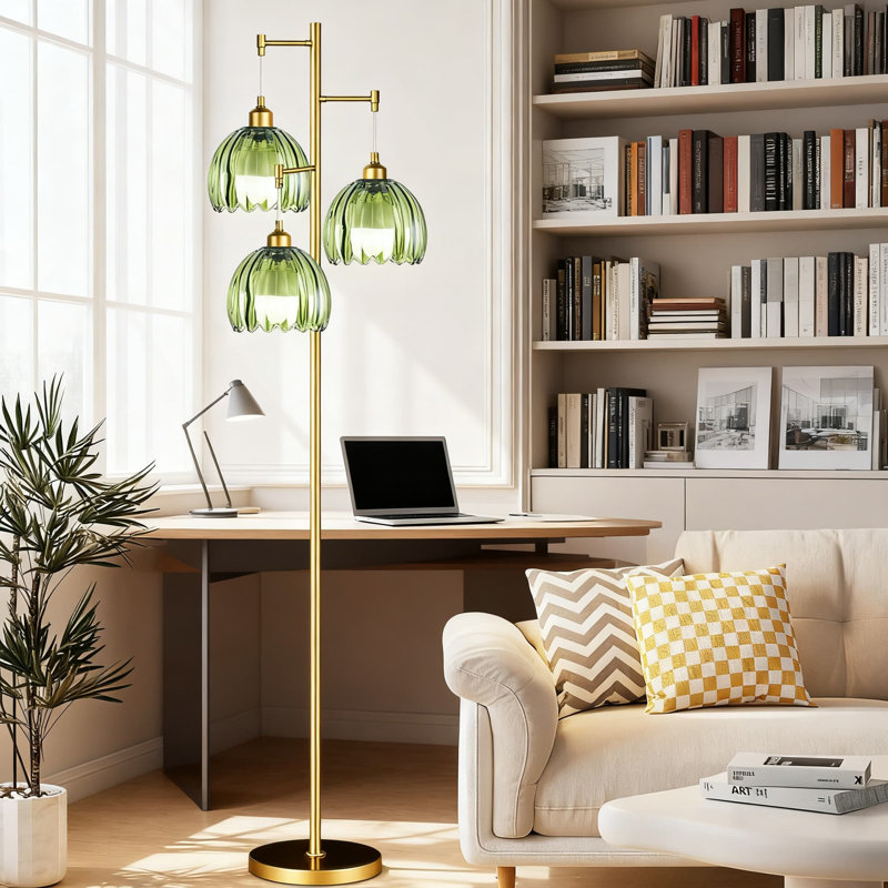 3-Light Tree Floor Lamp With Green Glass Shades, Rustic Gold Finish Tall Standing Lamp For Living Room, Bedroom, Office, And Corner Decor