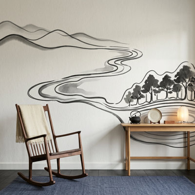 Décoration murale minimaliste amovible à l'encre, papier peint paysage minimaliste